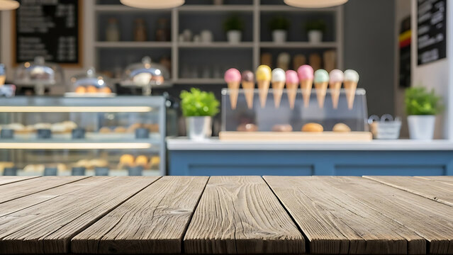  Rustic wooden table top with blurred cafe or ice cream shop background.