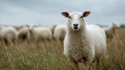 Obraz premium Close-up of a white sheep standing in a field of tall grass. the sheep is facing the camera and is looking directly at the camera with a serious expression.