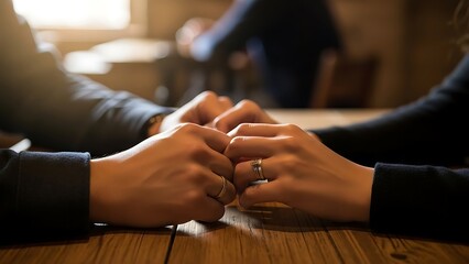 Couple holding hands at a table