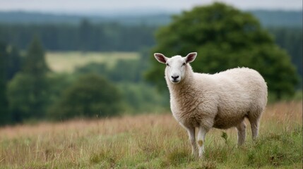 Obraz premium Photograph of a sheep standing in a field. the sheep is facing the camera and is looking directly at the camera. it has a white coat and is standing on a grassy hill with tall grass.