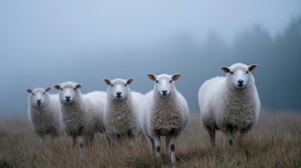 Naklejka premium Group of six white sheep standing in a field of tall grass. the sky is overcast and foggy, and there are trees in the background.