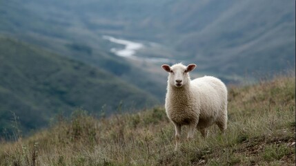 Fototapeta premium White sheep standing on a grassy hillside with a mountain range in the background. the sheep is facing the camera and appears to be looking directly at the camera.