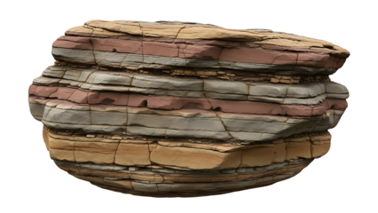 Layered rock formation with shades of brown red and gray isolated on a transparent background