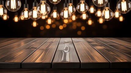 Rustic Wooden Table Top Under Hanging Edison Bulbs - Dark Background & Vintage Lighting