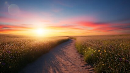 Sunset path through golden fields