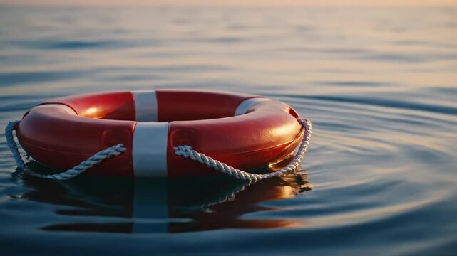 A red lifebuoy floating on calm water at sunset, symbolizing rescue, safety, and security on the open sea
