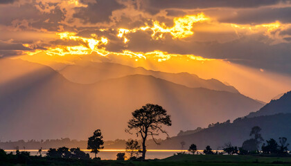 Sunlight rays sunset orange yellow clouds sky beam evening glow atmosphere shining bright nature light weather heaven dusk scenery golden hour generative AI