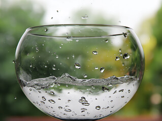 photo as an image of a transparent bowl with drops of rain or water, close-up, blurred background