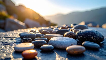 Smooth polished pebbles in earthy tones arranged in a gradient on a beach with soft sunlight and distant hills