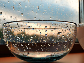 photo as an image of a transparent bowl with drops of rain or water, close-up, blurred background