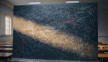 A heavily scratched chalkboard covered in frantic, chaotic scribbles and drawings illuminated by side daylight.