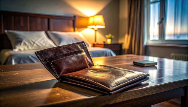 An empty brown leather wallet lies open on a scratched wooden desk in a dimly lit hotel bedroom.