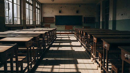 Empty old classroom with wooden desks and chairs, natural light