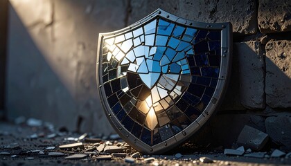 A mosaic shield crafted from fragmented glass shards reflects light against a textured concrete background, symbolizing resilience and protection.