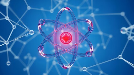 Abstract 3D Atomic Structure and Molecular Network with Glowing Nucleus on Blue Background for Science and Technology