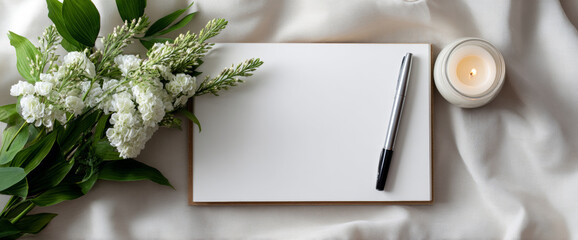 Blank notebook with pen, white flowers, and lit candle on soft fabric background for creative writing or journaling