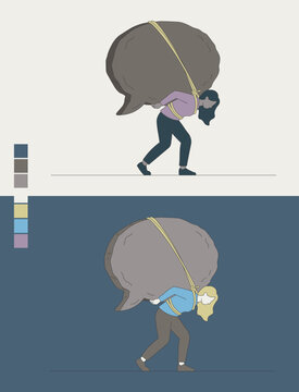 Woman Carrying Heavy Stone Speech Bubble - Cyberbullying, Negative Feedback and Mental Health Burden