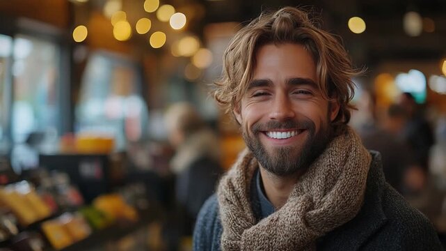 Radiant Presence: A handsome person with a captivating smile, exuding warmth and charm in a naturally lit setting, his expressive eyes and gentle demeanor draw viewers