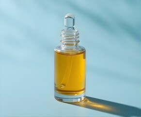 Glass dropper bottle with golden liquid cosmetic serum isolated on white background