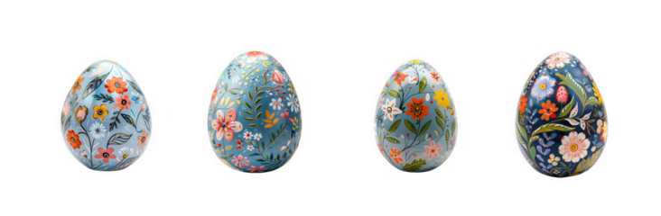Four intricately decorated easter eggs with floral patterns in varying shades of blue and orange on transparent background