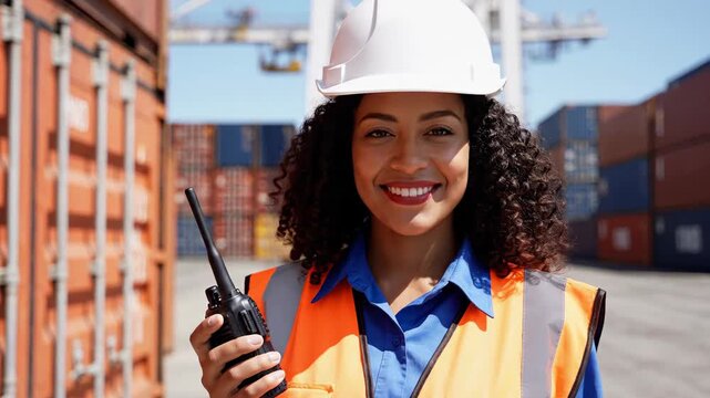 Woman in hard hat and safety vest holding walkie talkie at shipping port