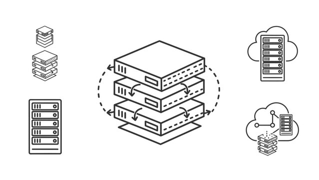 Outline vector icons showing server rack data exchange and replication between multiple stacked servers and cloud computing connection