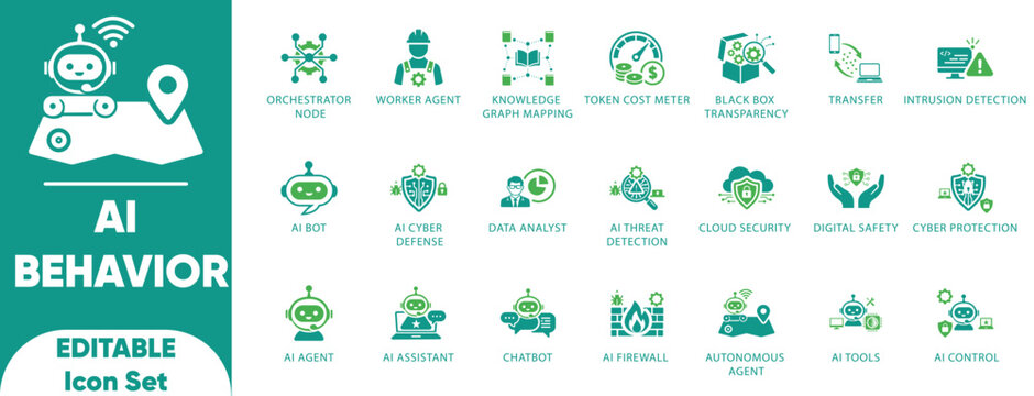 AI Agent Behavior Icons. Autonomous Orchestrator Workflow and LLM Token Cost Vector Set.