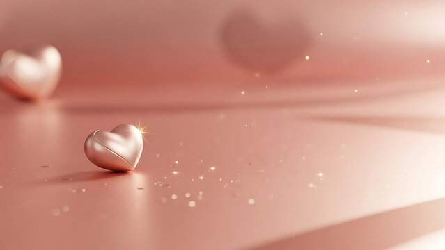 Single metallic pink heart on a blurred rose gold background with sparkles.