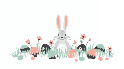 Easter Bunny in Spring Garden with Eggs