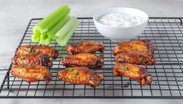 Spicy chicken wings with celery sticks and dip on a wire rack