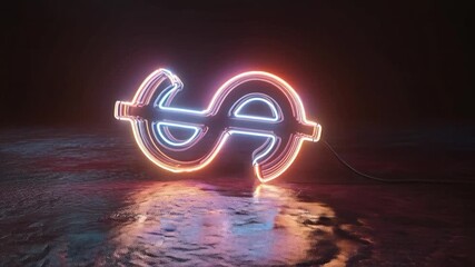 Neon dollar sign symbol glowing light pink blue dark background futuristic finance concept cyberpunk style reflective wet surface money symbol financial success currency icon wealth metaphor night - Powered by Adobe