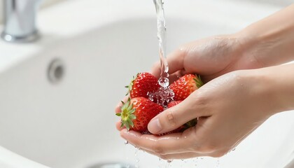 Close-up of human hands gently washing a handful of vibrant red strawberries under a stream of fresh running water in a clean kitchen sink, preparing healthy ingredients for a delicious meal or snack
