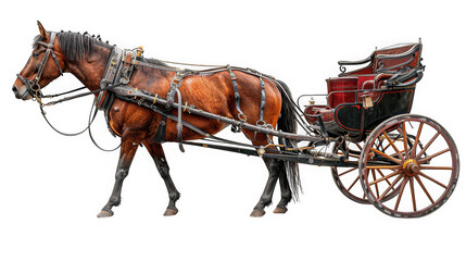 A beautifully detailed illustration of a brown horse pulling a vintage carriage perfect for design work on transparent background