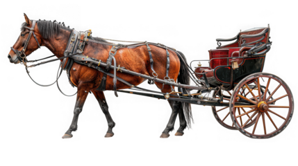 A beautifully detailed illustration of a brown horse pulling a vintage carriage perfect for design work on transparent background
