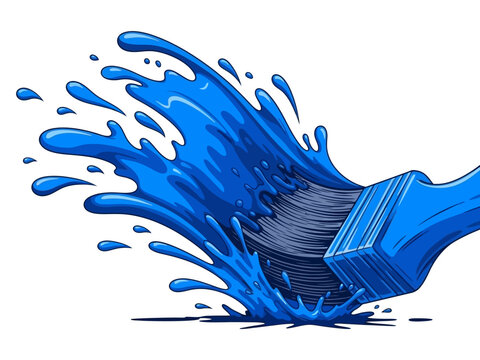 Creative Splash Paintbrush Bursting with Blue, Dynamic Artistic Expression on White