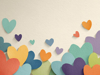 photo invitation with colorful hearts with space for text and light background, texture in the form of watercolor paper