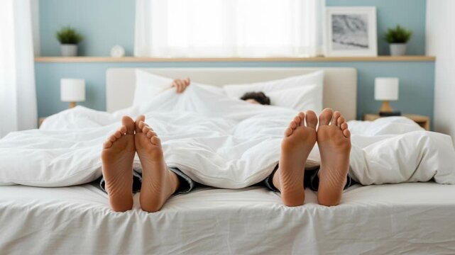 Relaxed morning wakeup routine in cozy bedroom with stretching under soft white duvet