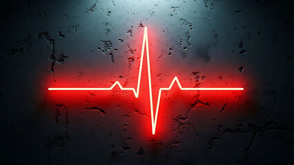 Red neon heartbeat line glowing on dark concrete wall