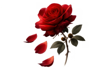 Red rose blooming with petals falling representing romance, love, passion, and beauty on a transparent background