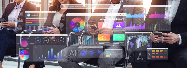 Colorful data dashboards with graphs, charts, and marketing metrics representing online campaign performance and business intelligence Parse