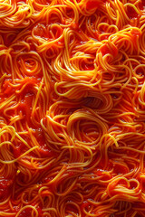 Spicy Red Noodles Texture with Rich Sauce Background