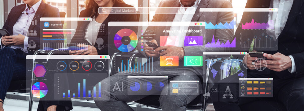 Colorful data dashboards with graphs, charts, and marketing metrics representing online campaign performance and business intelligence Parse - Powered by Adobe