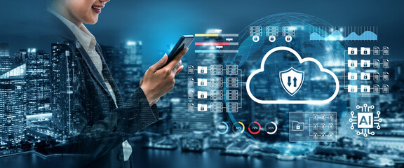 A business professional uses a smartphone to monitor cloud security data, surrounded by a dynamic cityscape and digital graphics emphasizing technology and data management. Gantry
