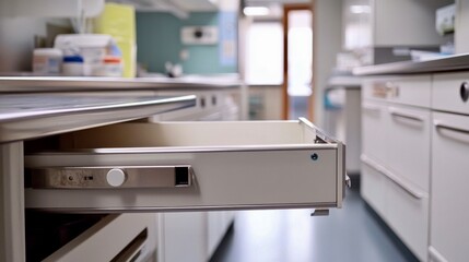 Modern kitchen with open drawer showcasing organized utensils and tools for cooking and meal preparation in a bright, functional space