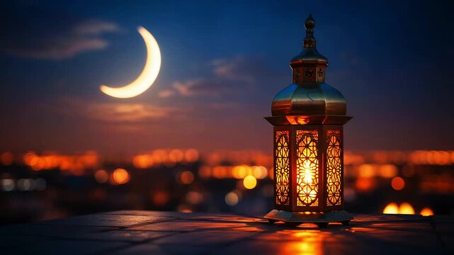 Glowing lantern under crescent moon at dusk with warm city lights.