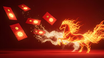 Dynamic fire horse running with flying red envelopes on minimalist red background, representing speed, fortune, and prosperity for Chinese New Year in a modern surreal style.