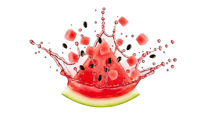 Watermelon slice with splash, juice, and seeds flying out, isolated on white background