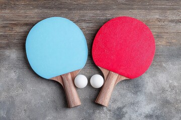 Two paddles and balls on a wooden table surface