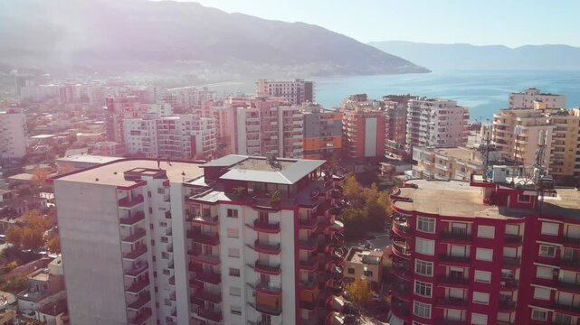 Aerial drone view of the stunning Albanian Riviera coastline, near the city of Vlora