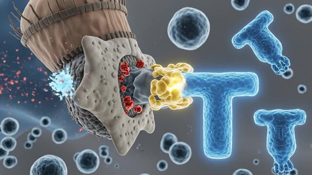 Medical visualization of human dendritic cell interacting with T-cells and antigens